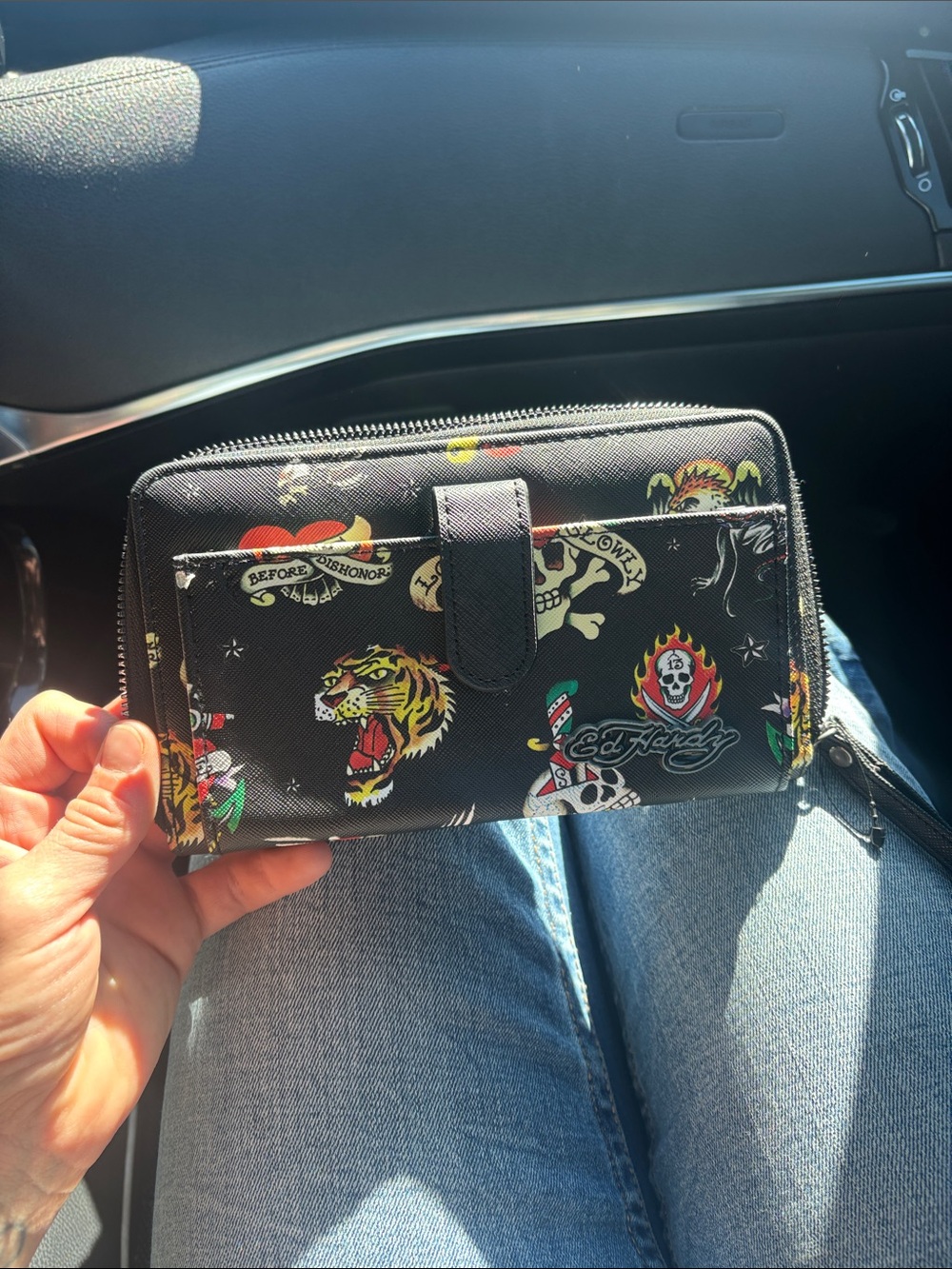 Ed Hardy Black Tattoo-Print Zip Around Wallet with Colorful Motifs